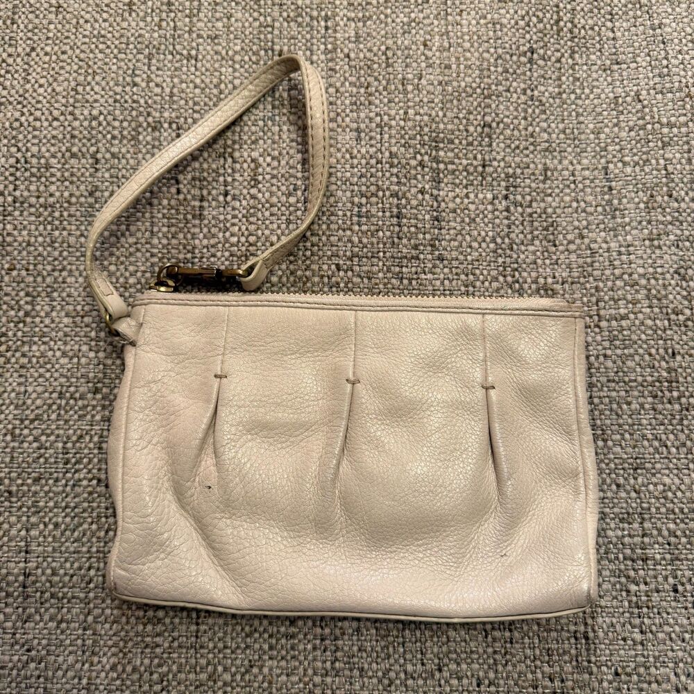 Cole Haan Cream Pebbled Leather Pleated Wristlet Clutch Mini Bag Pouch